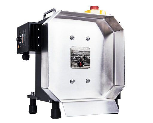 Close-up angle of the CenturionPro HP TableTop Bucker showing feed entry ports, safety switch, and rear power control box.