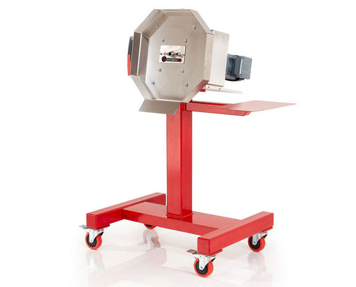 Front view of the CenturionPro HP1 Bucker with stand, featuring stainless steel faceplate and discharge chute.