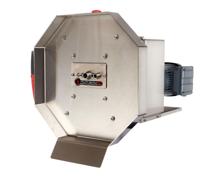 Side angle of the CenturionPro HP1 Bucker showing SEW motor and mounted red stand with caster wheels.