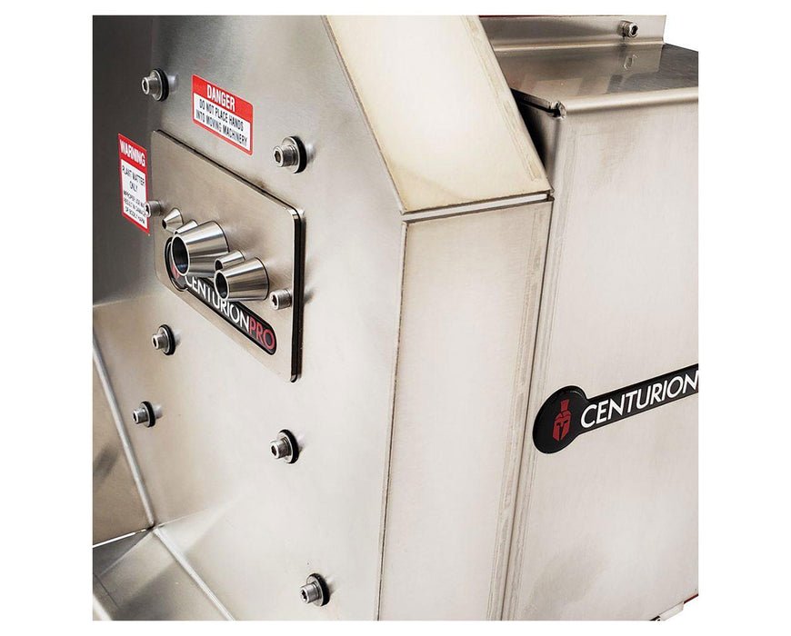 Close-up of the CenturionPro HP1 Bucker feed holes and warning labels on the stainless steel panel.