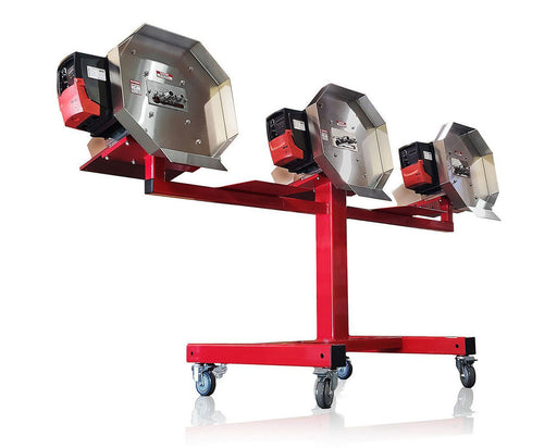 Three CenturionPro HP3 Bucker machines mounted on a red wheeled stand for high-capacity cannabis bucking.
