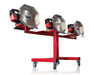 Three CenturionPro HP3 Bucker machines mounted on a red wheeled stand for high-capacity cannabis bucking.