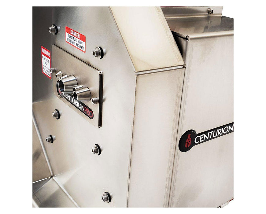 Detailed view of CenturionPro HP3 Bucker's stainless steel feed entry with safety warning labels.