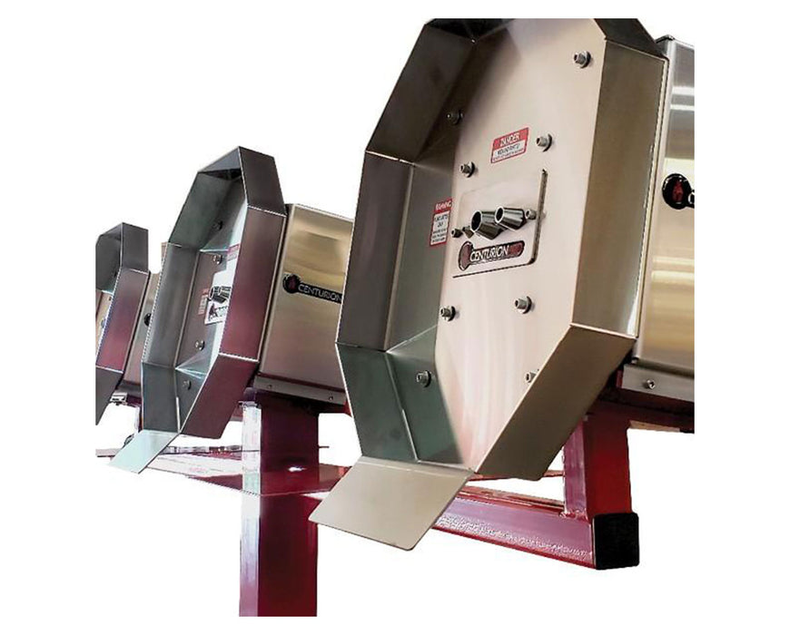 Row of CenturionPro HP3 Buckers on red frame, showing feed entries and stainless steel hoppers.
