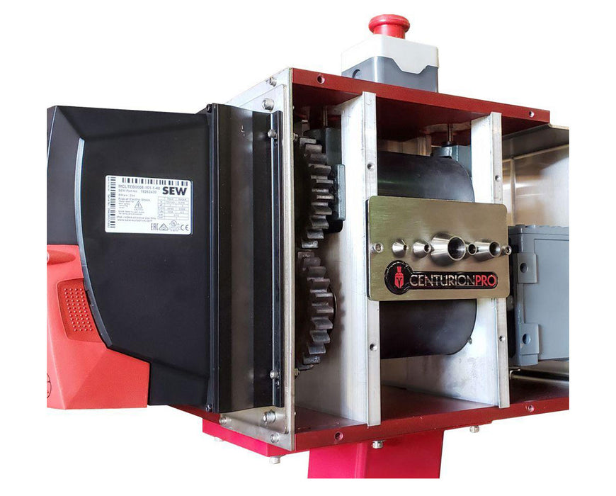 Exposed internal components of HP3 Bucker showing heavy-duty gears and rubber rollers.