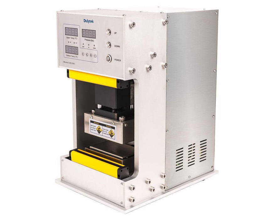 Left angle of Dulytek DE10K Electric Rosin Press with touchscreen controls and heavy-duty pressing components.