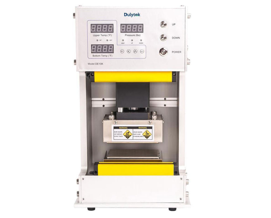 Straight-on view of Dulytek DE10K Rosin Press with safety-labeled heat plates and full digital control panel.