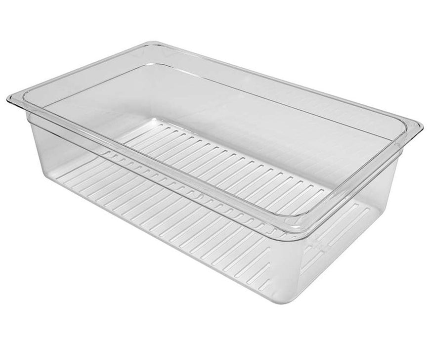 Clear shaker box with deeper tray and slotted bottom shown from side angle for visualizing nesting functionality.