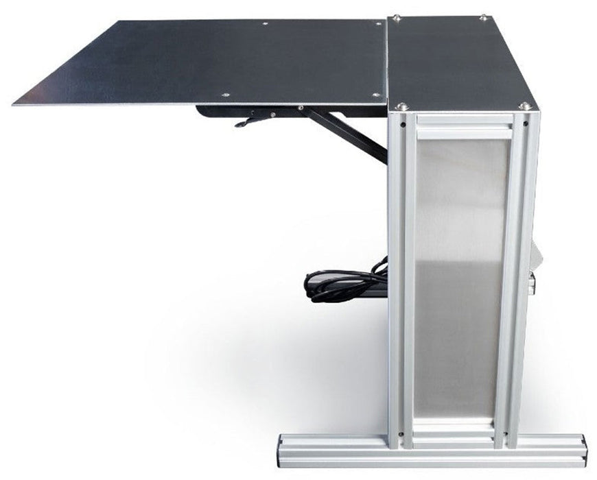 EZ Trim Bud Bucker Mini side view with attached prep table and lightweight tabletop design for efficient bud bucking by a single operator.