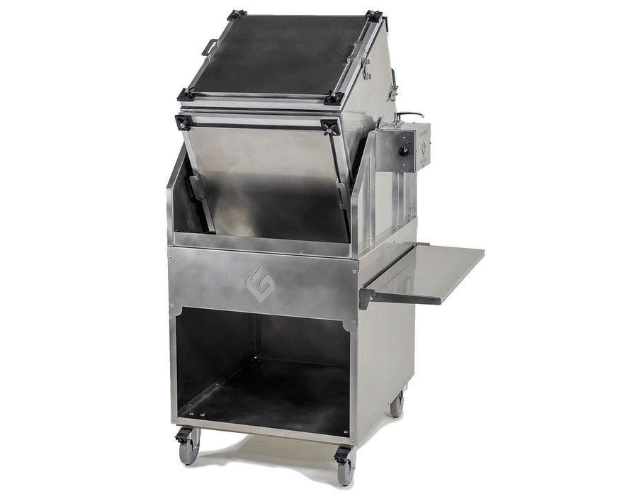 GreenBroz Alchemist 420 Trichome Extractor shown with stainless steel frame and collection bin on locking caster wheels.