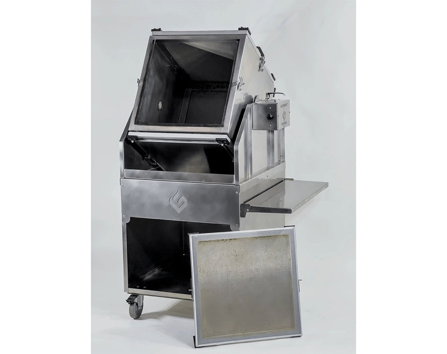 Industrial trichome extractor displayed in front of American Made banner with open drum and side-mounted control dial.