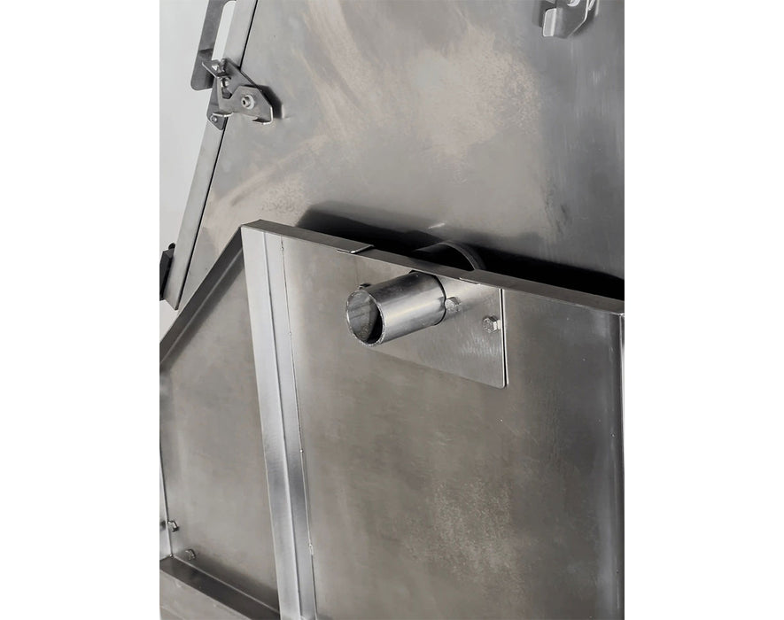 Close-up of the stainless steel drum lid showing its textured metal surface and locking handles.