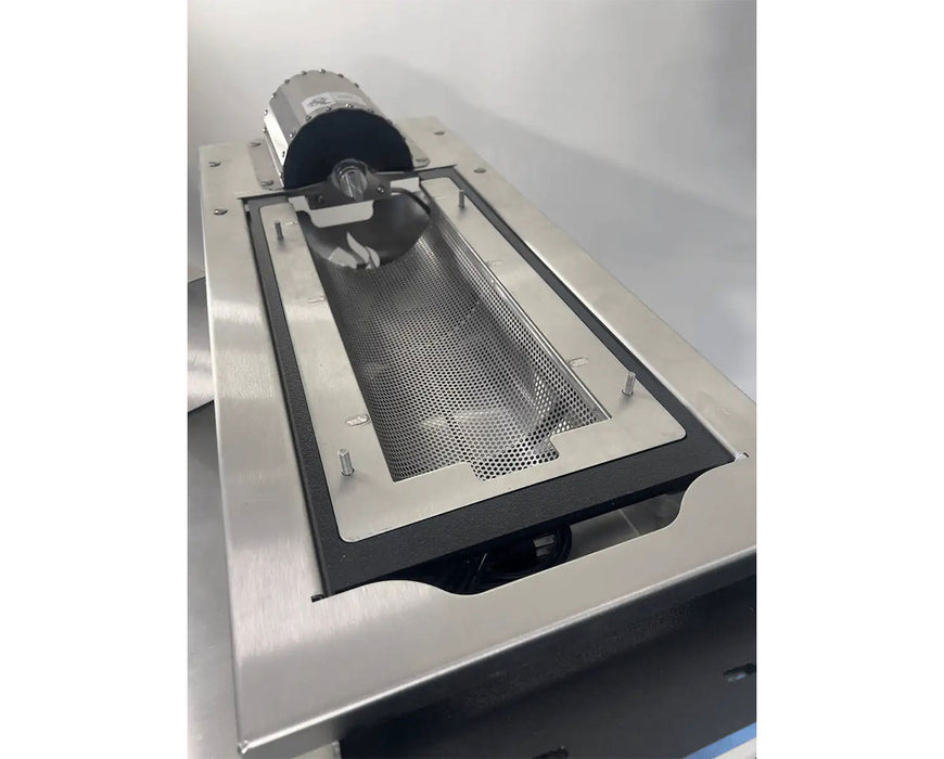 Rear view of the GreenBroz G-Lite tabletop grinder showing the interchangeable grinder screens.