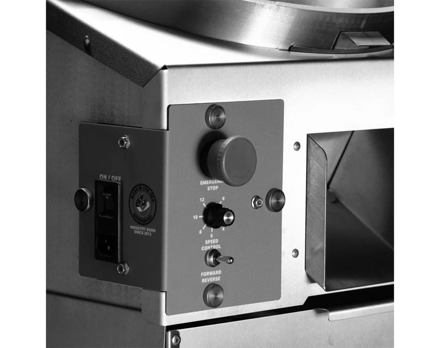 Detailed view of GreenBroz M Lite control panel with speed dial, emergency stop button, and forward/reverse toggle switch.