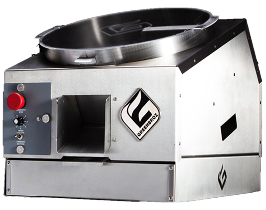 GreenBroz M Lite Tabletop Dry Trimmer shown in a 3/4 front angle with stainless steel build and control panel visible.