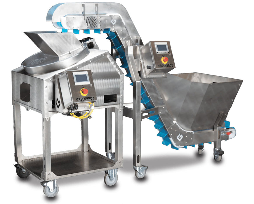 GreenBroz M+ Trimming System with trimmer, conveyor belt, and input hopper for automated cannabis dry trimming.