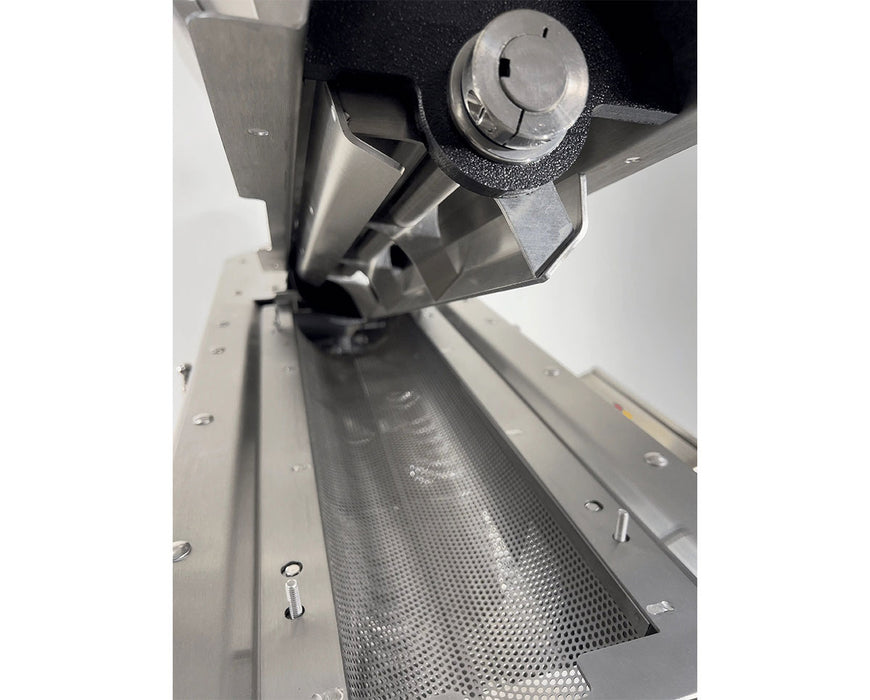 Front view of GreenBroz Model G grinder showing the low-RPM grinding drum and stainless steel output tray.