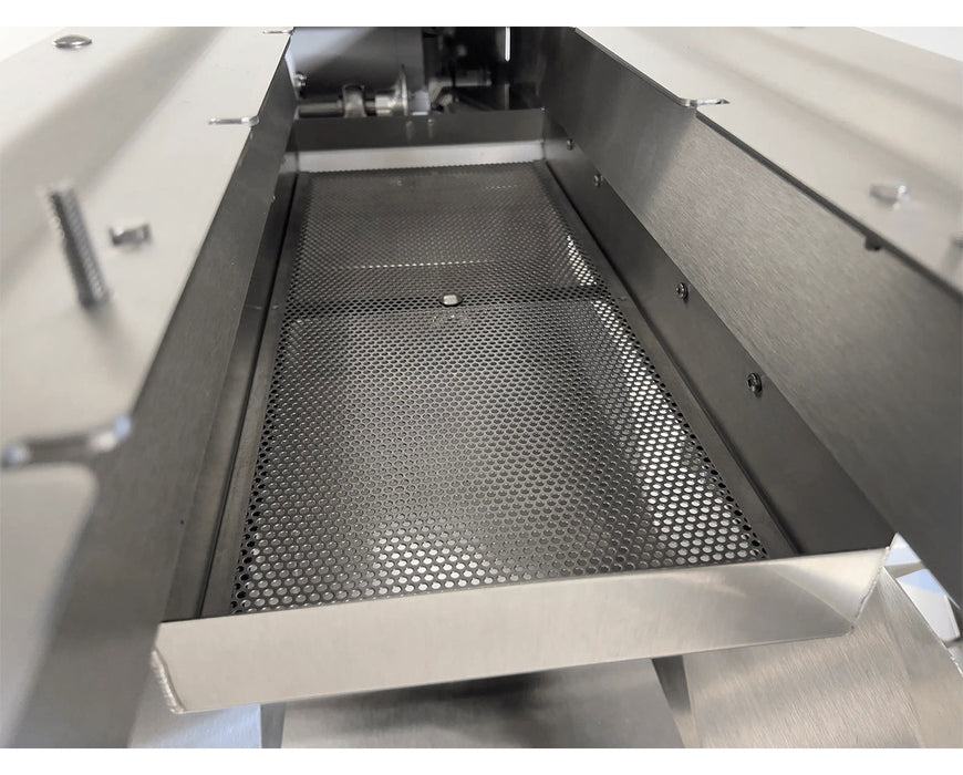 Close-up of GreenBroz Model G adjustable tension mechanism with branded metal component for grinder adjustment.