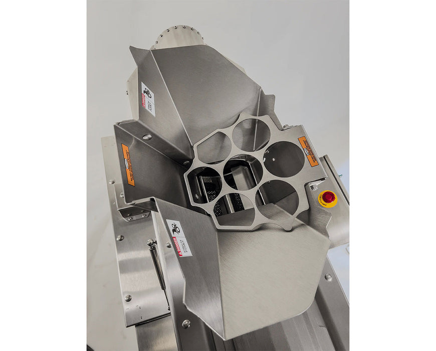 Detail view of GreenBroz Model G grinding drum with precision ventilation slots for material separation and processing.