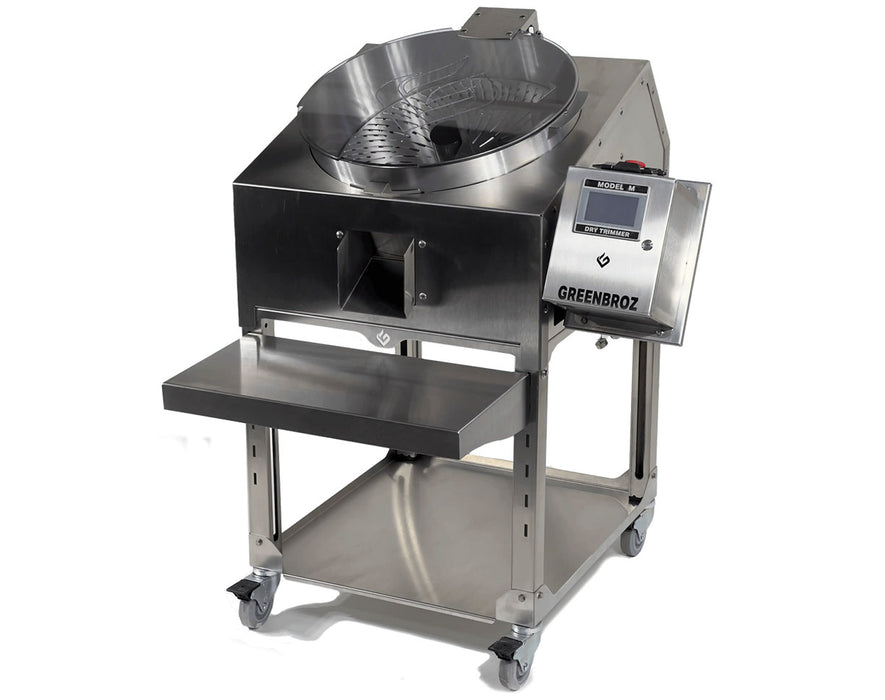 GreenBroz Model M Dry Trimmer with touchscreen control panel and adjustable shelf on a mobile stainless steel frame.