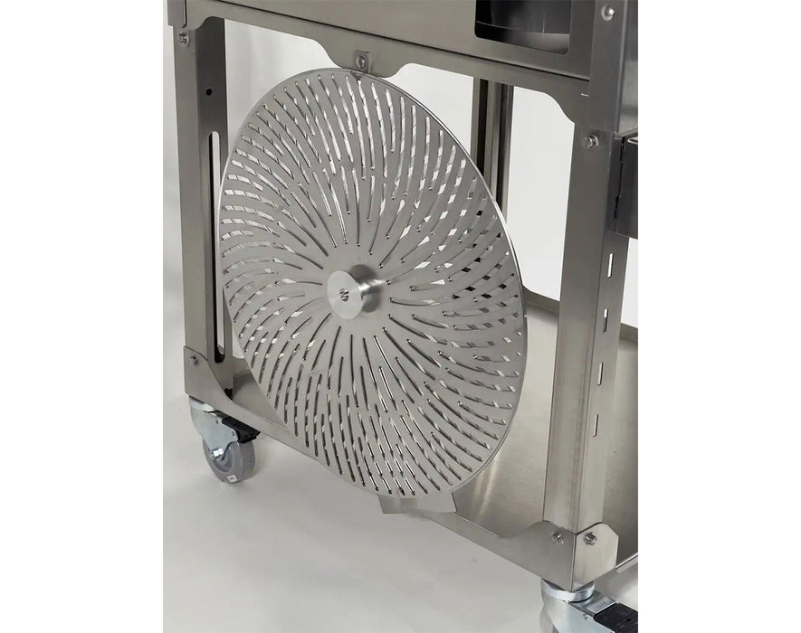 Internal view of GreenBroz Model M trimming chamber with spiral slotted blade design and stainless steel paddles.