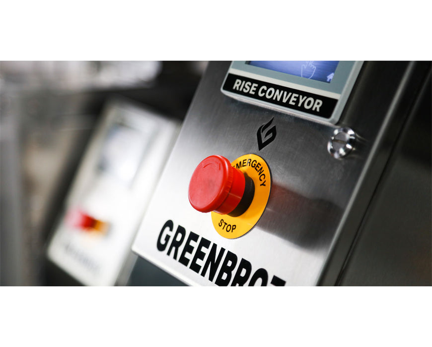 Close-up of GreenBroz N-Line conveyor touchscreen control panel displaying continuous feed and foot pedal options.