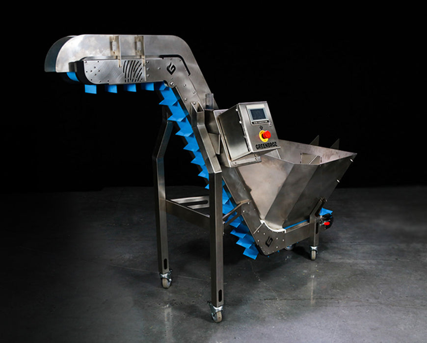 Side view of GreenBroz Rise-N-Grind System showing conveyor belt and integrated grinder with digital controls.