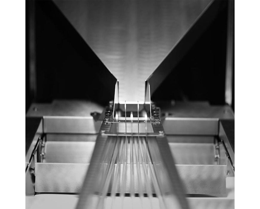 Close-up of the sorting belt system on the GreenBroz Rise-N-Sort machine with stainless steel build.