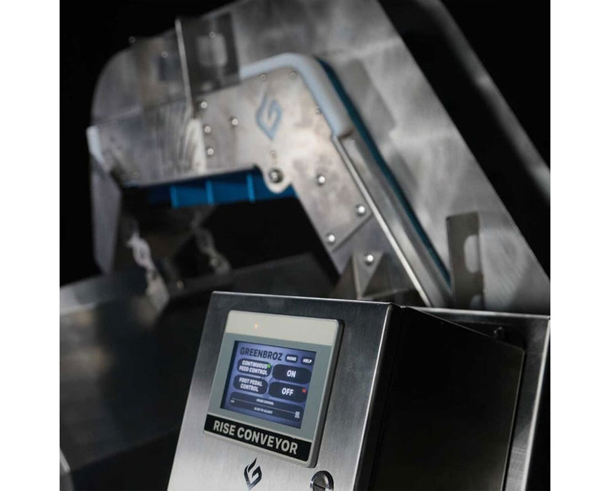 GreenBroz Rise Conveyor control panel with digital display showing operational settings.