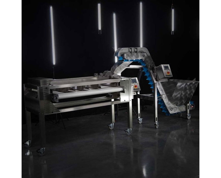 GreenBroz Rise-N-Sort System displayed in a dark studio with overhead lighting, showing full setup.