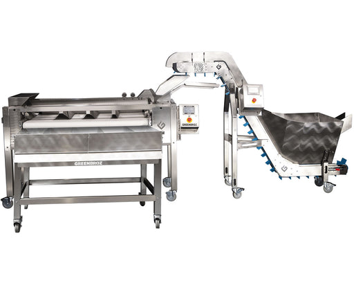 Full view of the GreenBroz Rise-N-Sort System showing integrated conveyor and sorting table on casters.