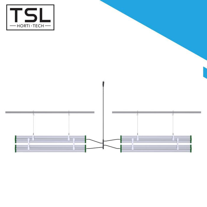 Diagram of TSL Horti Tech LED grow lights suspended from ceiling rails and wired to a central hub.