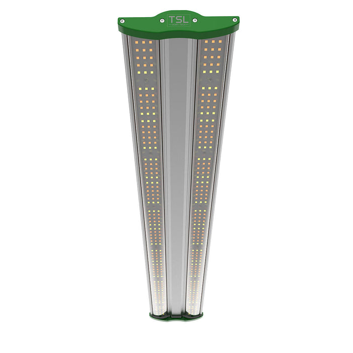 Bottom view of TSL Horti Tech LED grow light showing full diode array and green housing.