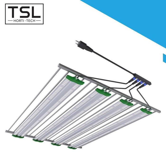 Angled view of six-bar TSL Horti Tech LED grow light panel with wiring harness and power plug.