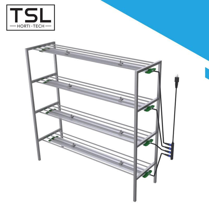 Multi-tier TSL Horti Tech grow rack with LED lights mounted on each shelf and single power source.