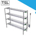 Multi-tier TSL Horti Tech grow rack with LED lights mounted on each shelf and single power source.