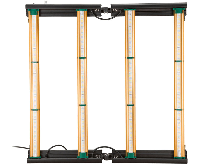 Front vertical view of ROI-E420 grow light unfolded, displaying two LED bar panels with power cord.