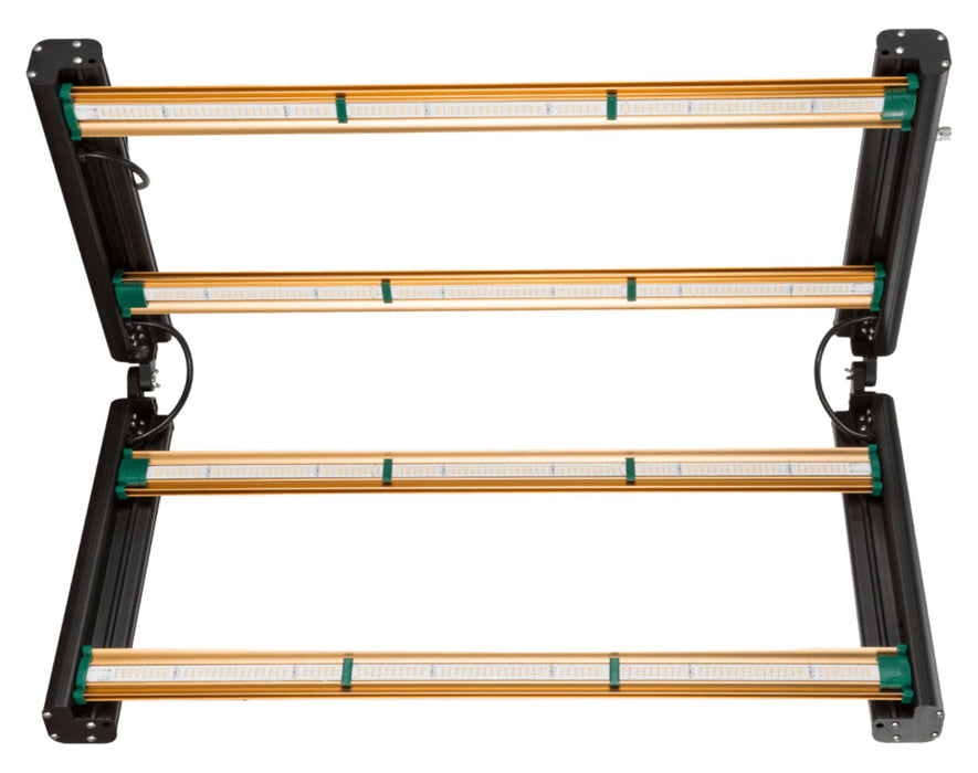 Angled view of ROI-E420 LED grow light half-folded showing three rows of LEDs.