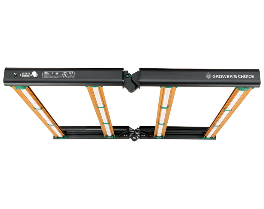 Top view of Grower's Choice ROI-E420 LED grow light with four full-spectrum LED bars and Grower’s Choice branding.