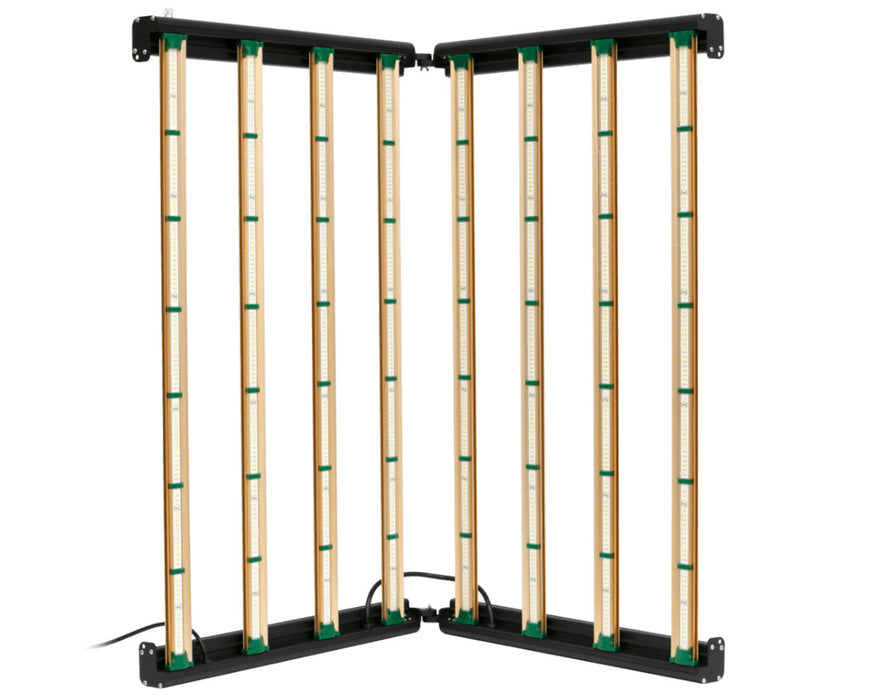 Grower's Choice ROI-E900 LED Grow Light displayed upright in folded position with gold LED bars visible.