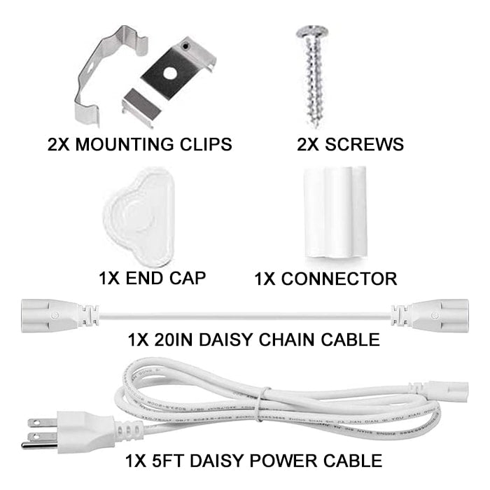 Lightech T8 LED Grow Light accessory kit including mounting clips, screws, cables, connector, and end cap.