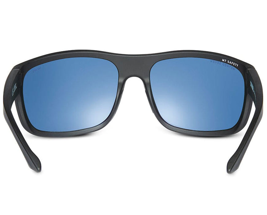 Rear view of Method Seven Citadel HPS+ safety glasses with blue-tinted lenses and curved temples.