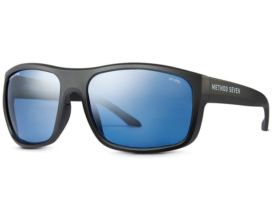 Method Seven Citadel HPS+ grow room glasses in matte black with blue mirror lenses, angled side view.