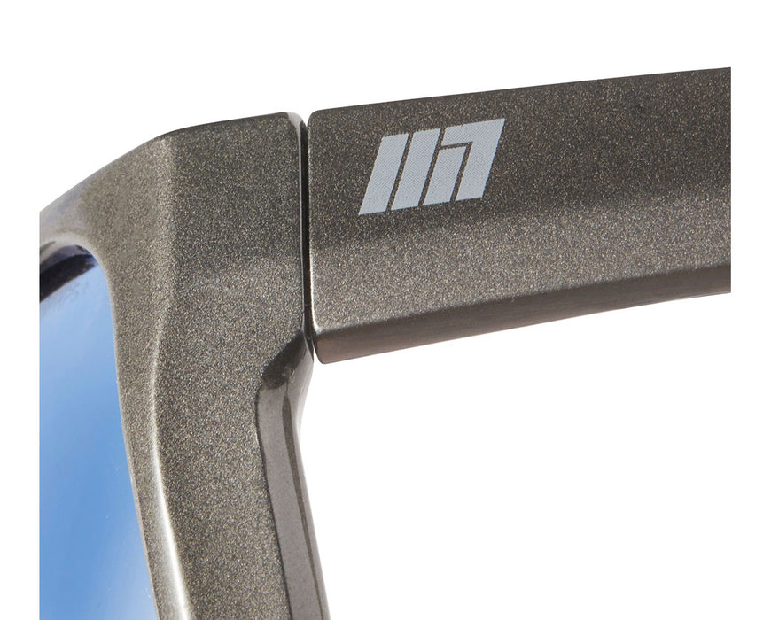 Close-up of the hinge and temple with Method Seven logo on the Premium Gunmetal frame.