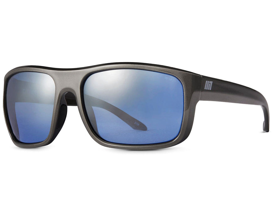 Angled view of Method Seven Citadel HPS Premium Gunmetal glasses with reflective blue lenses and matte gunmetal frame.