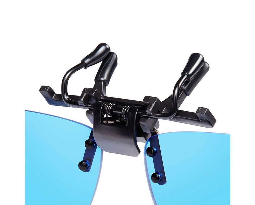 Close-up of Method Seven HPS clip-on lens hinge and spring-loaded black clip attachment.