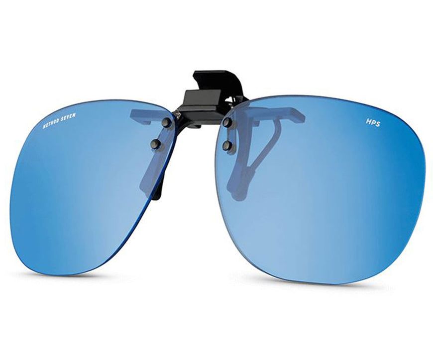 Angled view of Method Seven HPS clip-on glasses highlighting curved blue lenses and black clip mount.