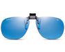 Front view of Method Seven Clip-On Aviator HPS glasses with blue lenses and black clip.