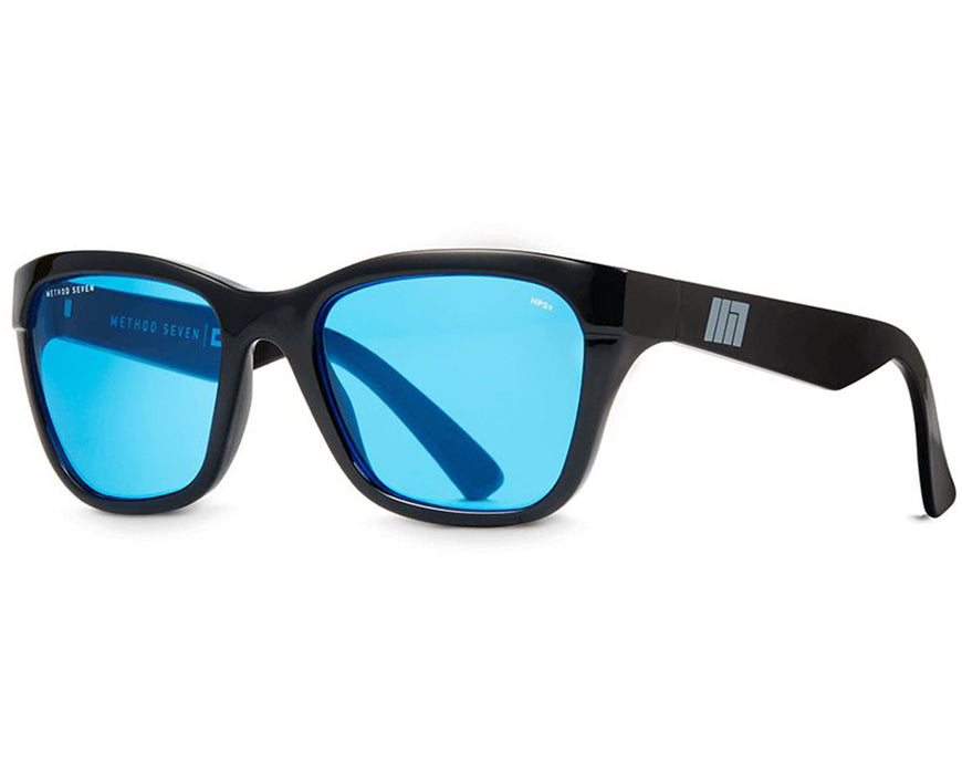 Method Seven Coup HPS/Sun Transition grow room glasses with black frame and blue lenses, angled side view.