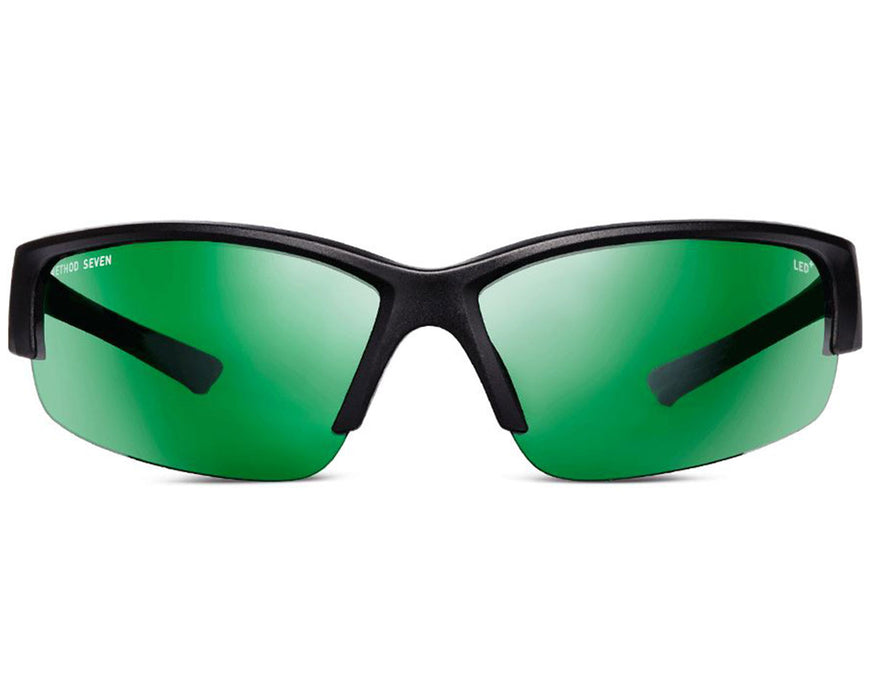 Front view of Method Seven Cultivator Blurple LED glasses highlighting the curved frame and large green lenses.
